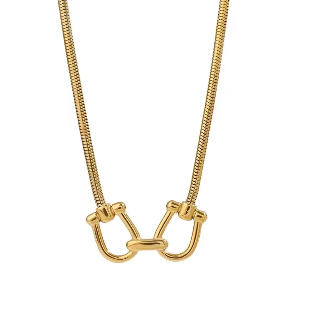 Gold Snake Chain Horse Bit Carabiner Double Clasp Necklace Brand New - Picture 2 of 3